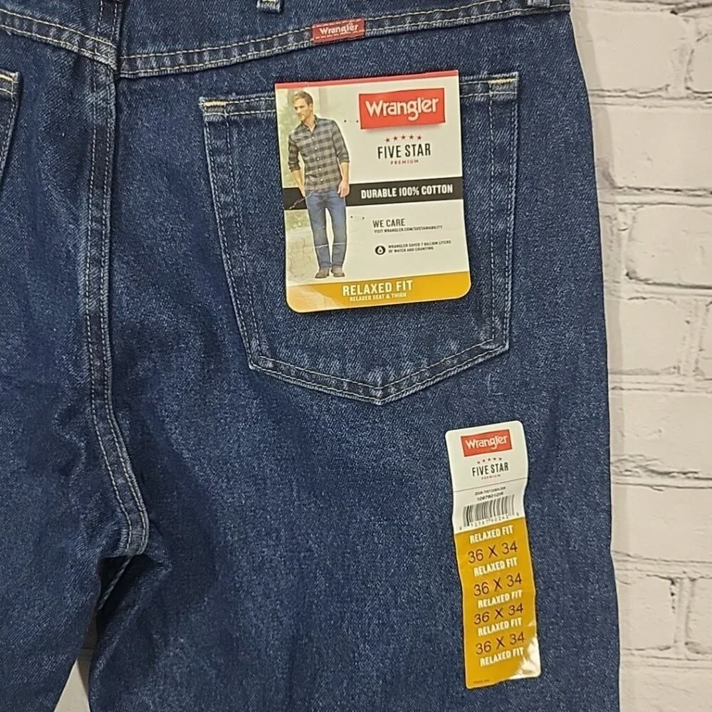 WRANGLER 36 x 34 Jeans Blue RELAXED fit 100%‎ COTTON 5-STAR PREMIUM men's NWT